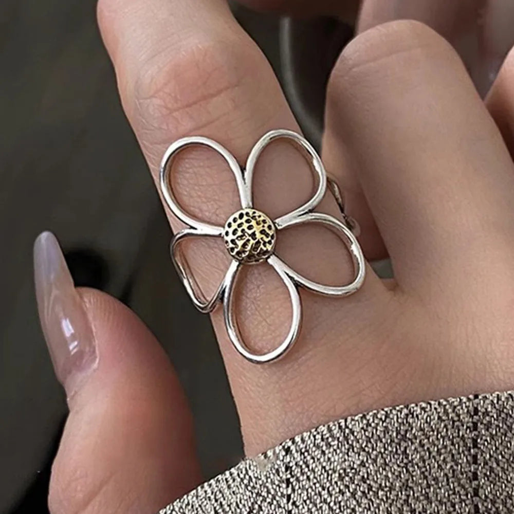 925 Sterling Silver Rings for Women Handmade Big Flower Ring - Rehmiar