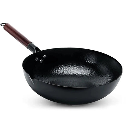 32cm Carbon Steel Wok Pan – Non-Stick Flat Bottom Stir Fry Wok with Wooden Lid for Electric Induction and Gas Stove - Rehmiar