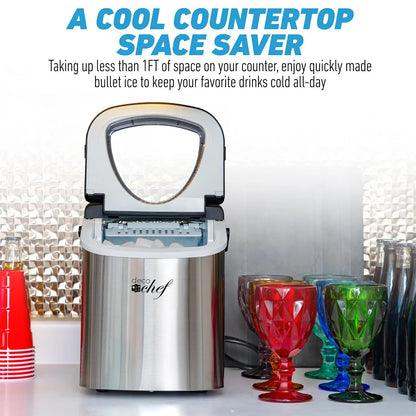 Compact Countertop Ice Maker – 26Lbs/24Hrs, 9 Bullet Ice Cubes in 6 Mins, Portable with Handle & Scoop, Stainless Steel