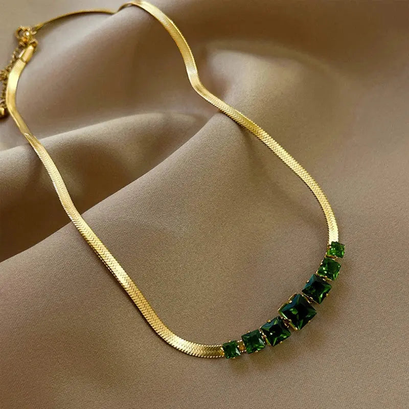 DIEYURO Stainless Steel Crystal Zircon Necklace – Green & White Luxury Snake Flat Chain for Women, Wedding Gift Rehmiar