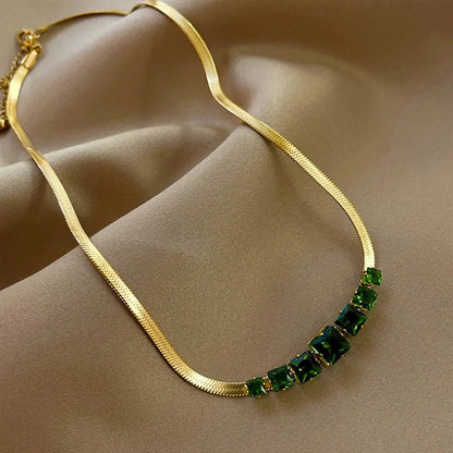 DIEYURO Stainless Steel Crystal Zircon Necklace – Green & White Luxury Snake Flat Chain for Women, Wedding Gift Rehmiar
