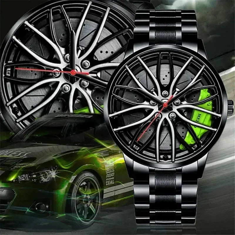 Men’s Sports Quartz Watch with Stainless Steel Band & 3D Car Wheel Design - Rehmiar