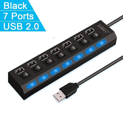 High Speed 4/7 Ports USB HUB 2.0 Adapter Expander Multi USB Splitter with LED Lamp Switch for PC Laptop - Rehmiar