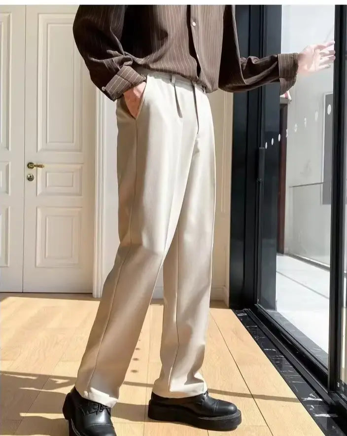 Men's Straight Pants – Korean Loose Fit Casual Draped Baggy Wide Leg Trousers, White Streetwear Rehmiar