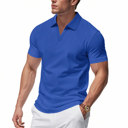 Summer Men's Loose Leisure Sports V-neck Waffle Short Sleeve Lapel Polo Shirt Men - Rehmiar