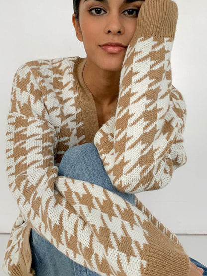 Women's loose V-neck long-sleeved knitted cardigan Sweater - Rehmiar