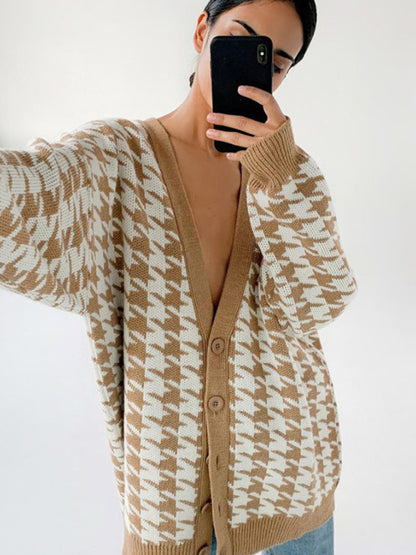 Women's loose V-neck long-sleeved knitted cardigan Sweater - Rehmiar