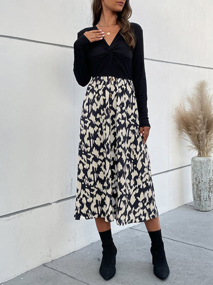 Women's V-neck Kink Long-sleeve Stitching Color Contrast Dress - Rehmiar