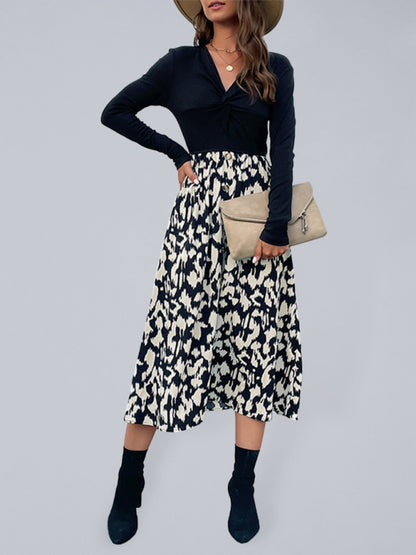 Women's V-neck Kink Long-sleeve Stitching Color Contrast Dress - Rehmiar