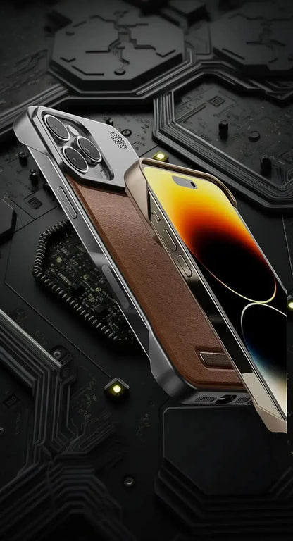 Rehmiar luxury brown leather iPhone 11-17 Pro Max case with magnetic MagSafe compatibility and aromatherapy vent.